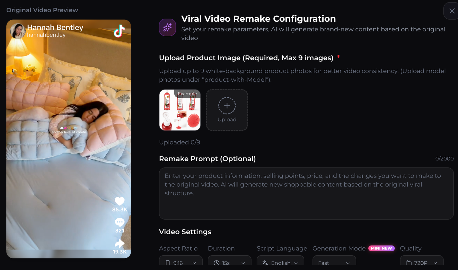 Oumomo Viral Video Remake Configuration page with original video preview, product image upload, prompt, and video settings